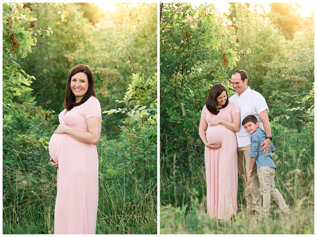 best maternity photographer mom dad and young son hug in a green field at sunset