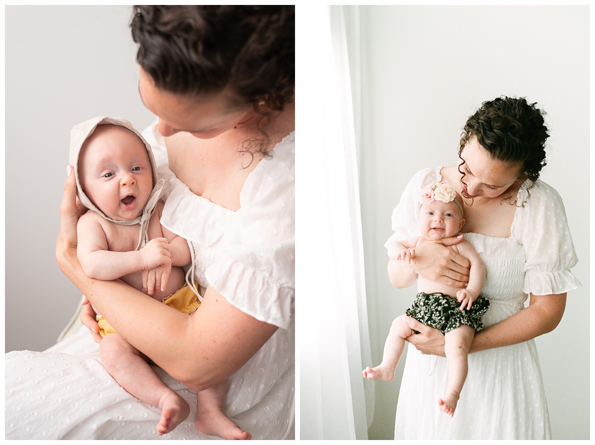 Best Columbus Ohio Baby Photographer mom in white dress holds baby in yellow and green bloomer and bonnet