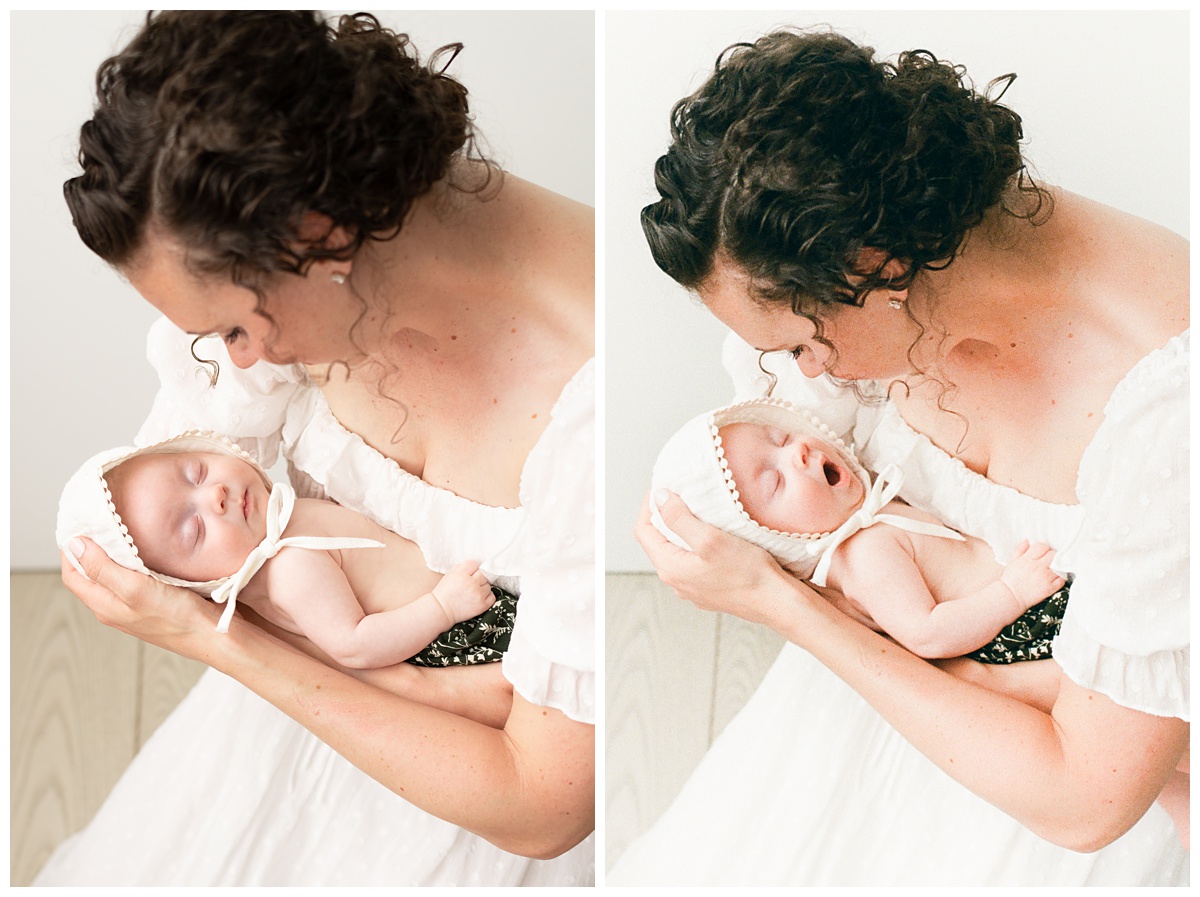 Best Columbus Ohio Baby Photographer mom holds sleeping baby in green bloomer and white bonnet