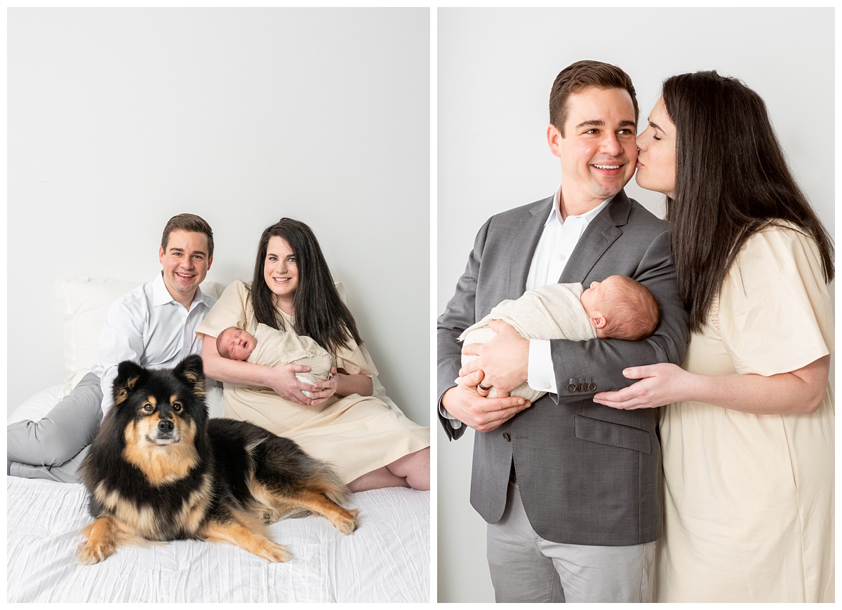 Top Columbus Ohio Newborn Photographer man, woman holding newborn boy, and dog sit on white bed