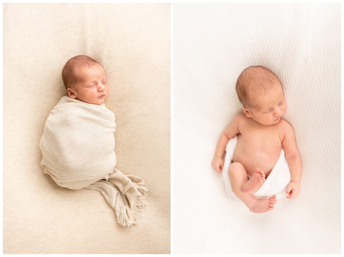 Top Columbus Ohio Newborn Photographer newborn boy in white wrap with arms and legs out