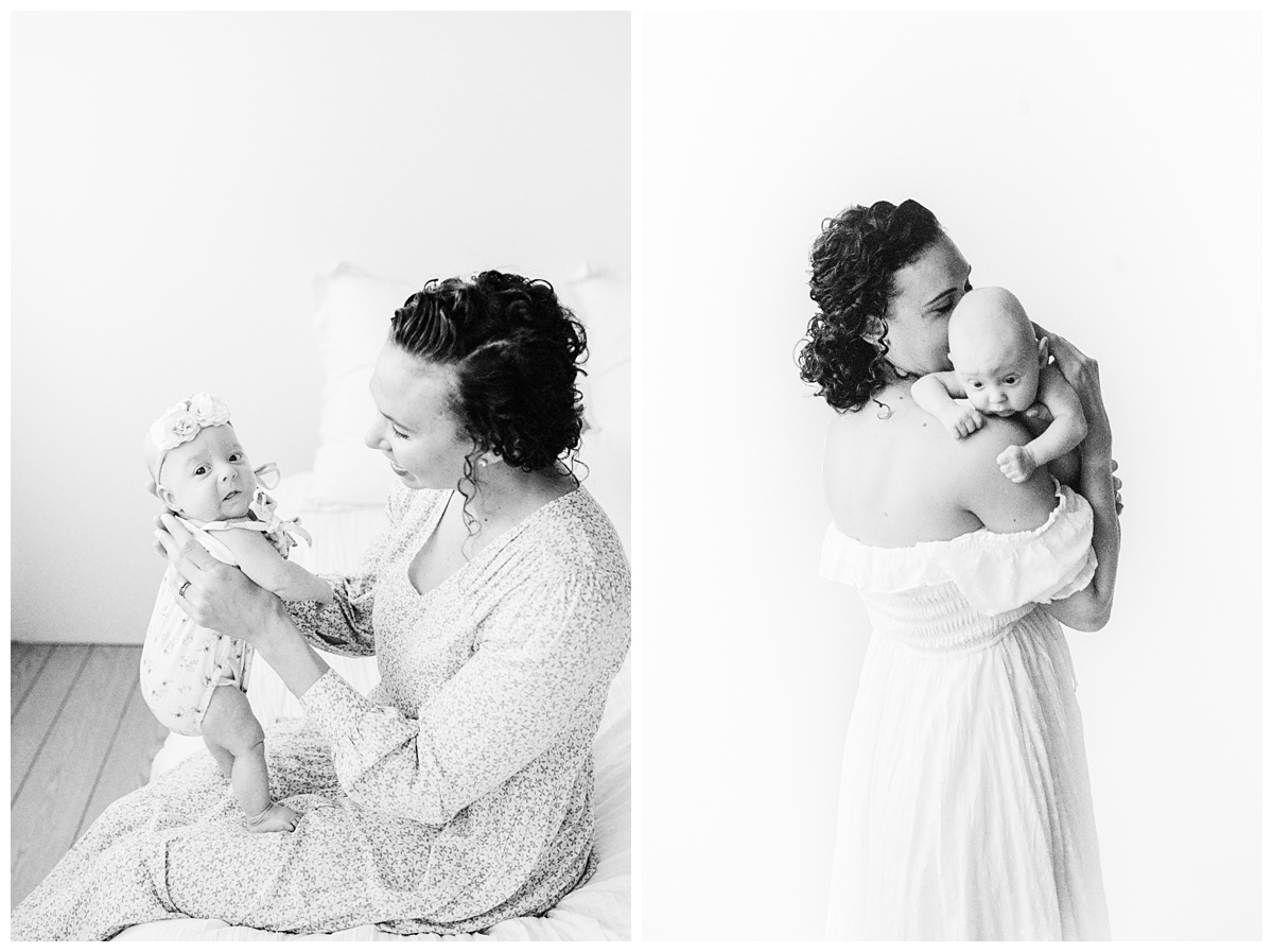 Professional Baby Photographer Columbus Ohio black and white images of mom holding her two three month old babies 