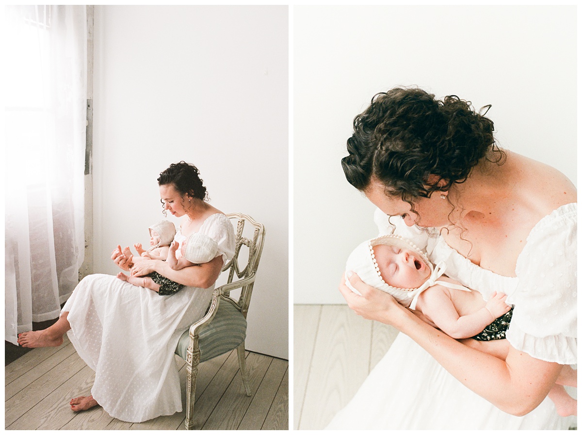Professional Baby Photographer Columbus Ohio film images of mom holding twins in studio