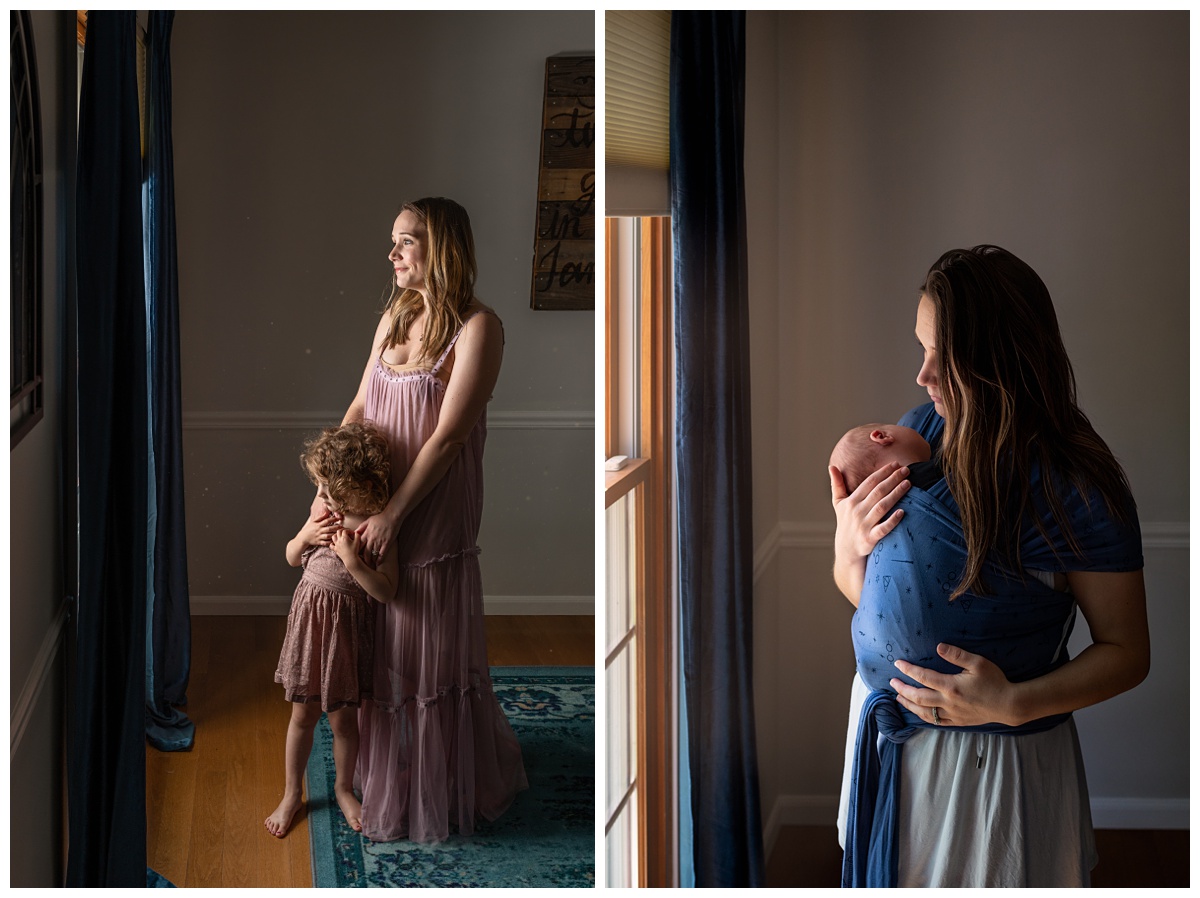 Columbus Portrait Photographer mother holds newborn in blue wrap
