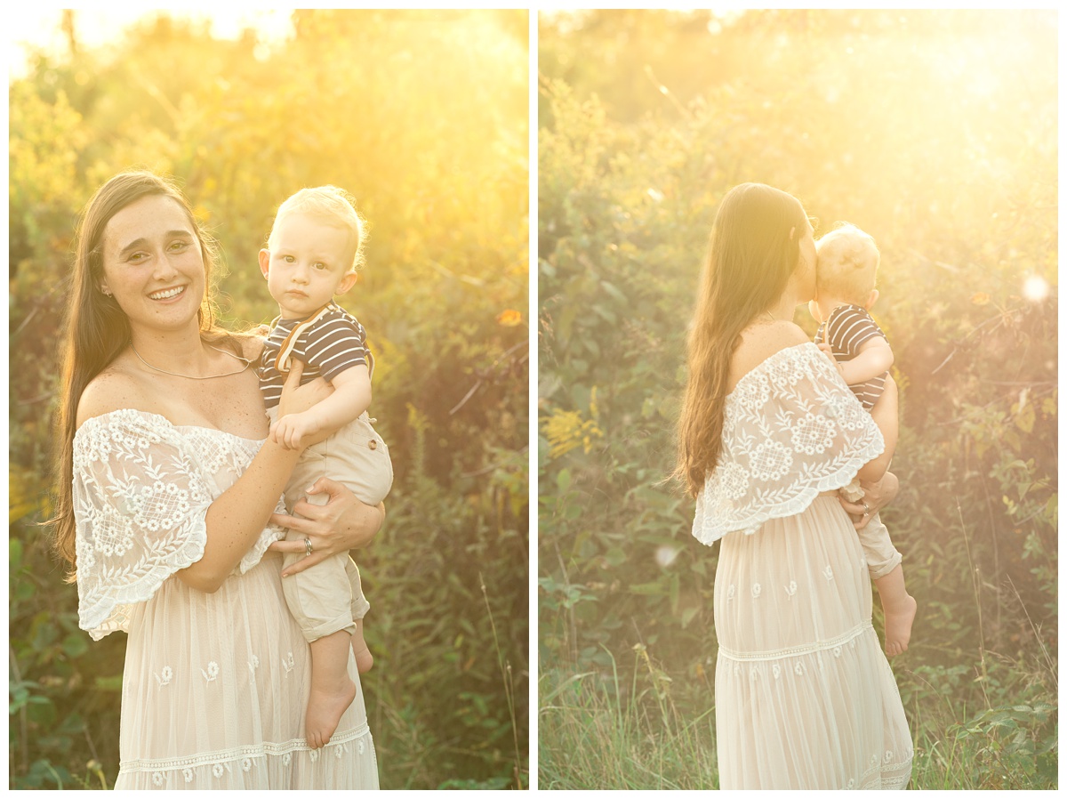 Summer Field Cake Smash mom holding baby boy in golden light
