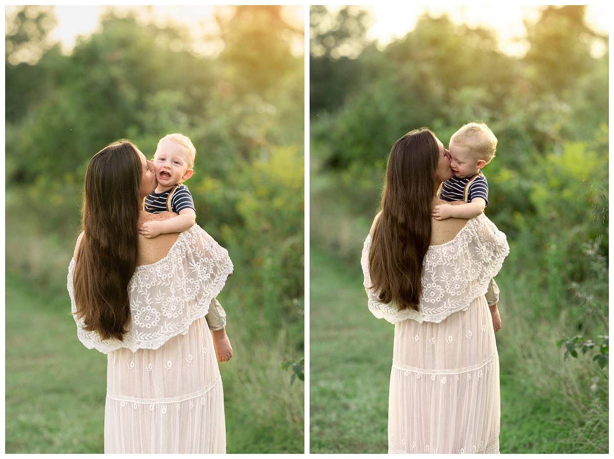 Summer Field Cake Smash mom kisses son in golden sunset light with lace dress