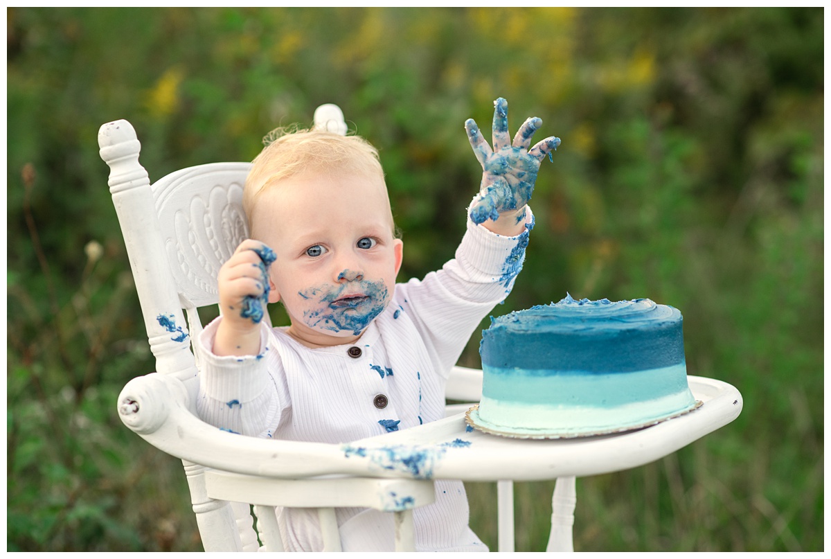 Summer Field Cake Smash baby boy covered in blue frosting