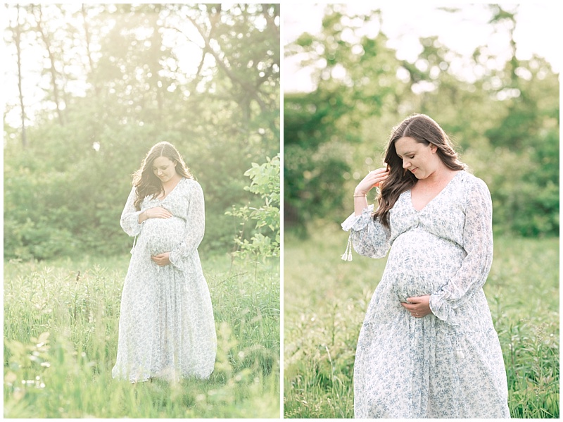 pregnant mom in blue floral dress in field