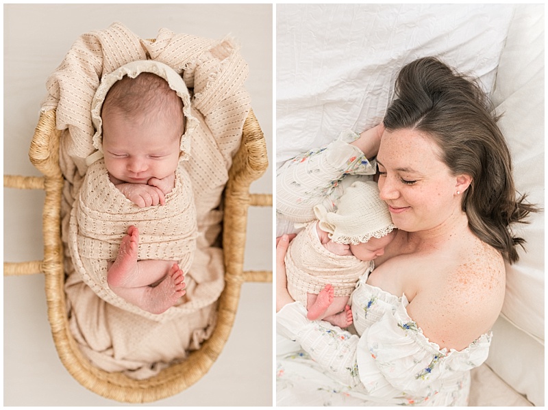 newborn girl in tan bonnet held by mom