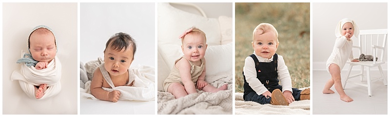 babies at newborn, 3 month, 6 month, 9 month, and first  year milestones