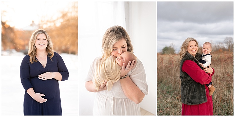 maternity, newborn, and 9 month photos of mom with son