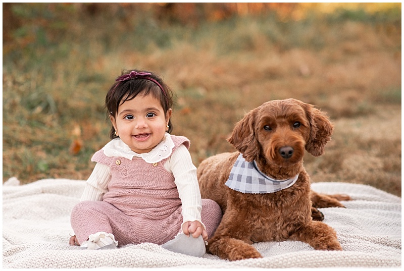 six month old girl sitting with labradoodle