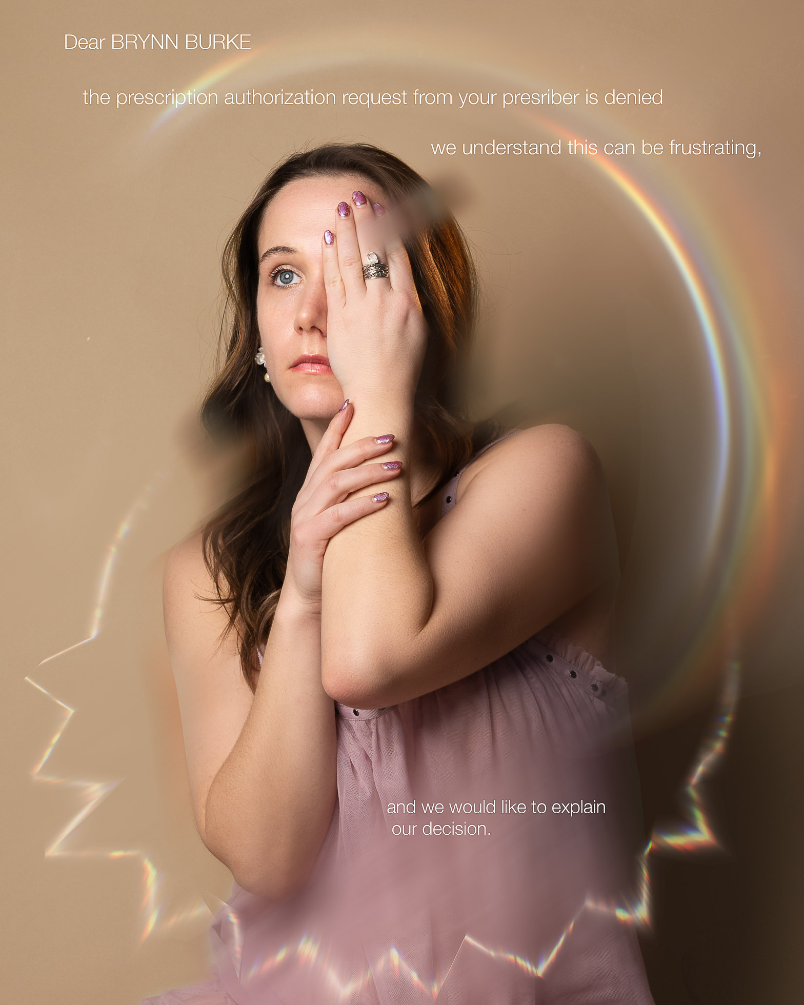 woman covers her eye with one hand with rainbow and prisms around with medical text