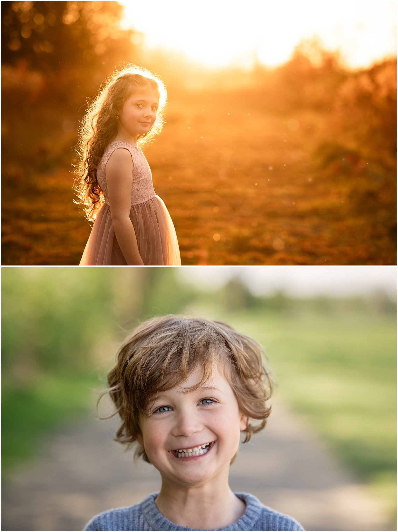headshot of children with golden hair in field